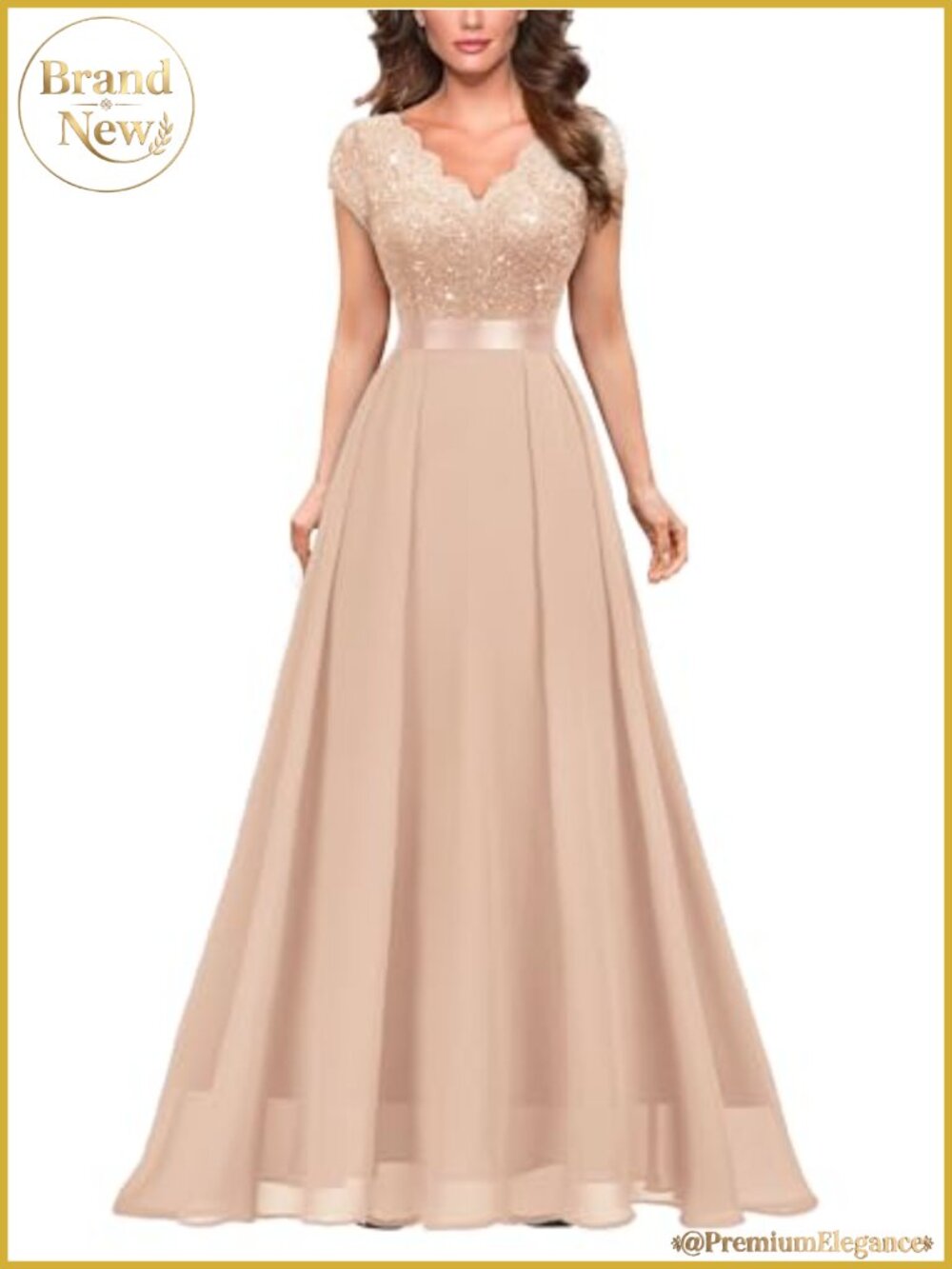 Elegant V-Neck Cap Sleeve Sequin Lace Formal Maxi Dress